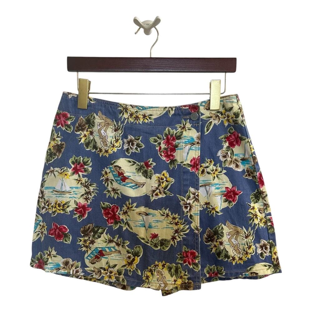 NY Jeans Retro Pinup Girl Tropical Hawaiian Print, Skirt Shorts